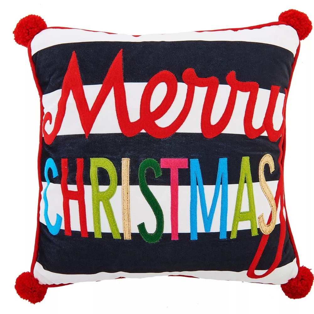 MERRY CHRISTMAS Decorative Throw Pillow Striped Multicolor Pom Pom’s 16x16 Mint